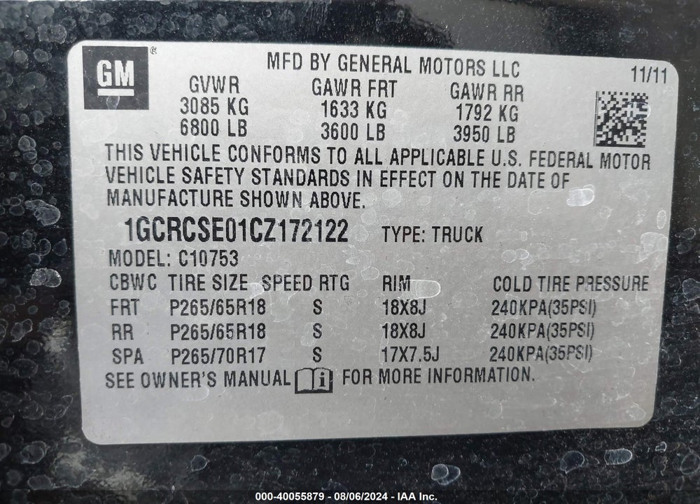 2012 CHEVROLET SILVERADO 1500 LT VIN: 1GCRCSE01CZ172122