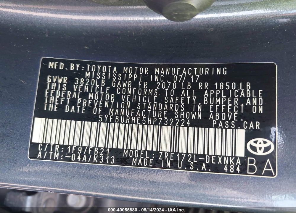 2017 TOYOTA COROLLA VIN: 5YFBURHE5HP732224