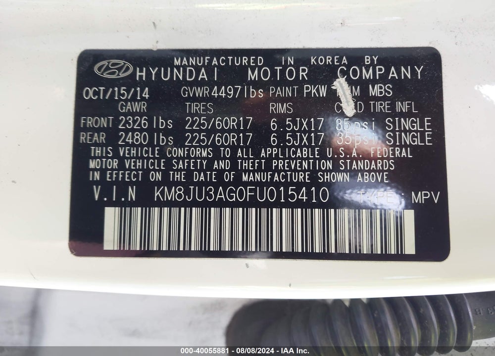 2015 HYUNDAI TUCSON SE VIN: KM8JU3AG0FU015410
