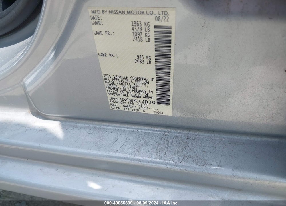 2022 NISSAN ALTIMA SV VIN: 1N4BL4DV0NN412030