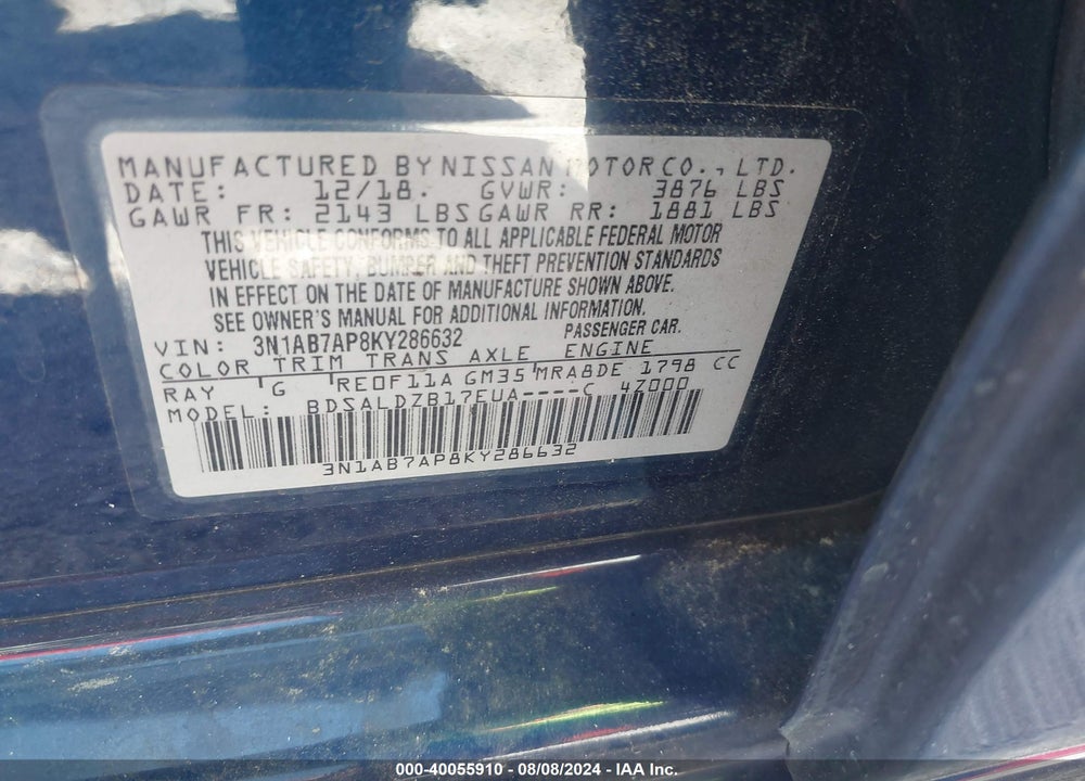 2019 NISSAN SENTRA S/SV/SR/SL VIN: 3N1AB7AP8KY286632