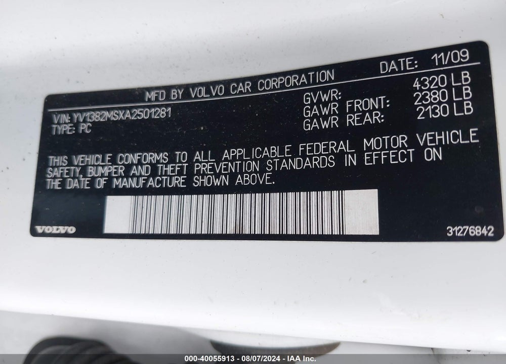 2010 VOLVO S40 2.4I VIN: YV1382MSXA2501281