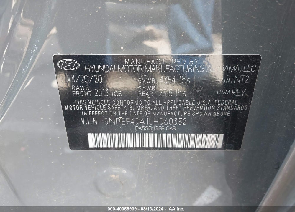 2020 HYUNDAI SONATA SEL VIN: 5NPEF4JA1LH060332