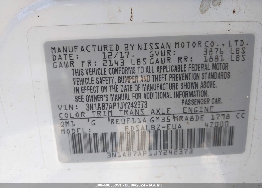 2018 NISSAN SENTRA S/SV/SR/SL VIN: 3N1AB7AP1JY242373