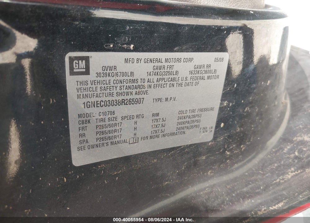 2008 CHEVROLET TAHOE POLICE VIN: 1GNEC03038R265907