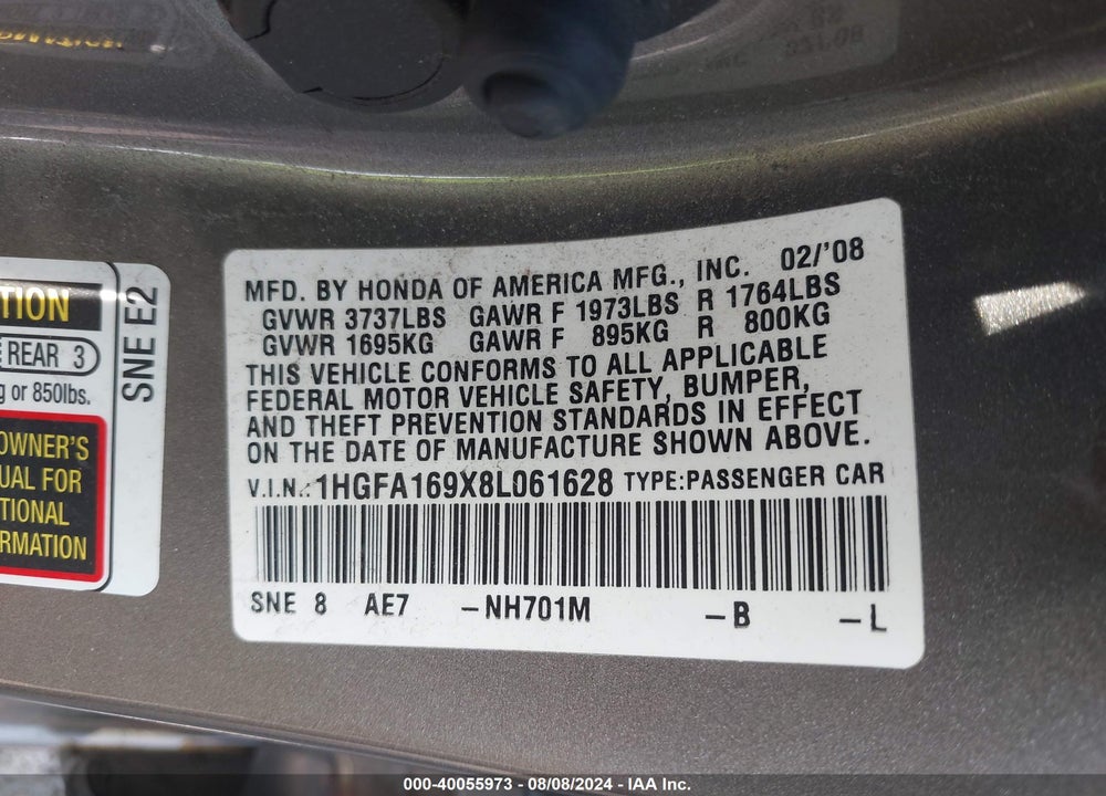2008 HONDA CIVIC EXL VIN: 1HGFA169X8L061628
