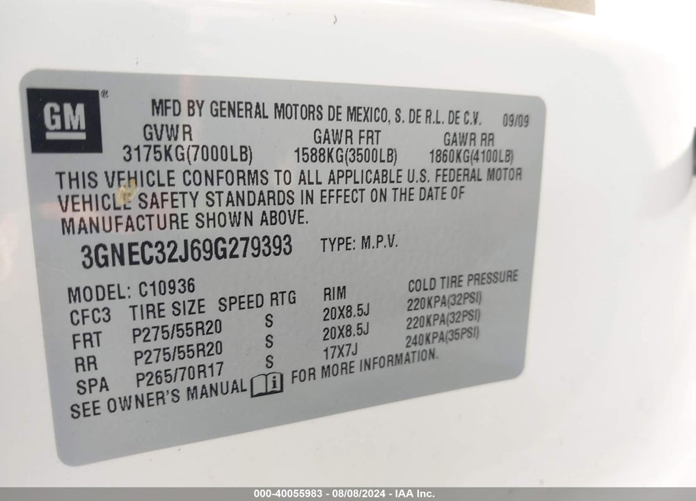 2009 CHEVROLET AVALANCHE 1500 LTZ VIN: 3GNEC32J69G279393