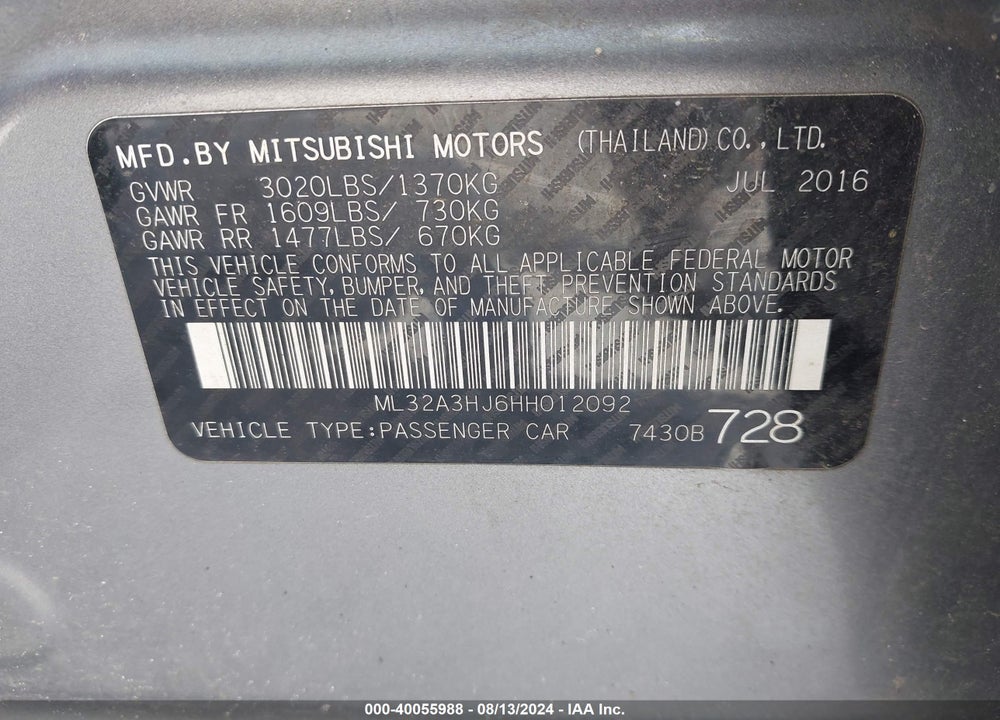2017 MITSUBISHI MIRAGE ES VIN: ML32A3HJ6HH012092