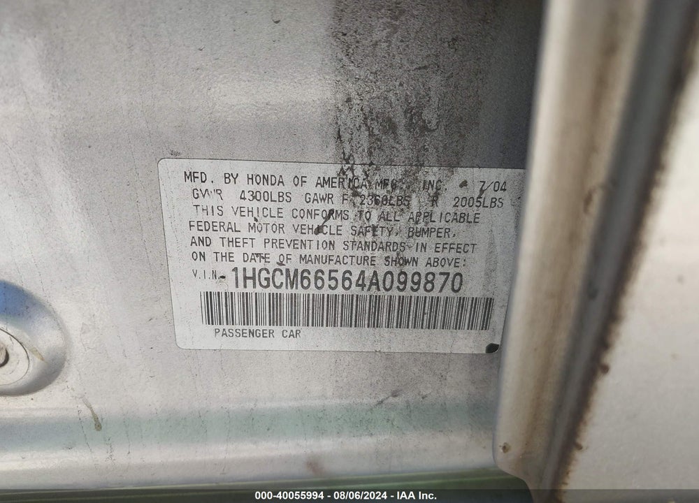 2004 HONDA ACCORD EX VIN: 1HGCM66564A099870