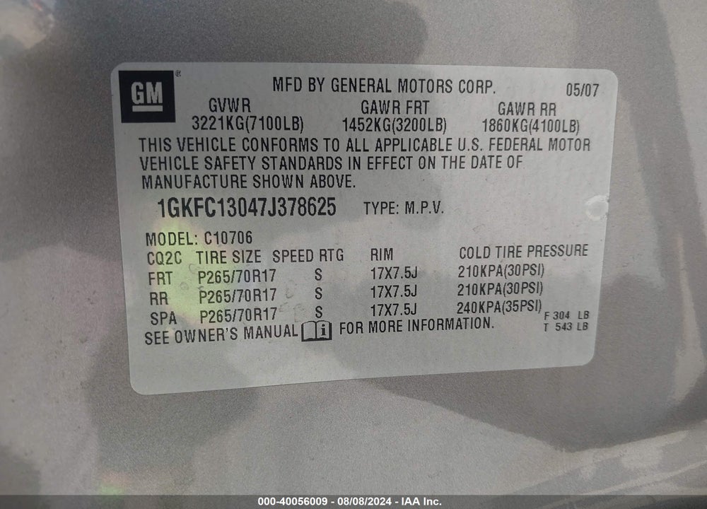 2007 GMC YUKON VIN: 1GKFC13047J378625