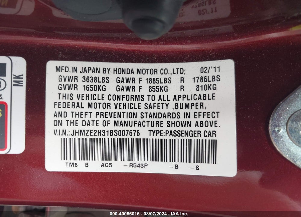 2011 HONDA INSIGHT VIN: JHMZE2H31BS007676