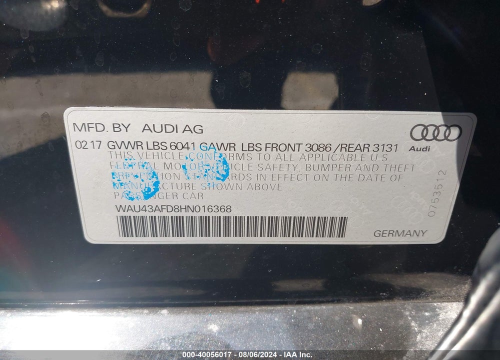 2017 AUDI A8 L QUATTRO/SPORT VIN: WAU43AFD8HN016368