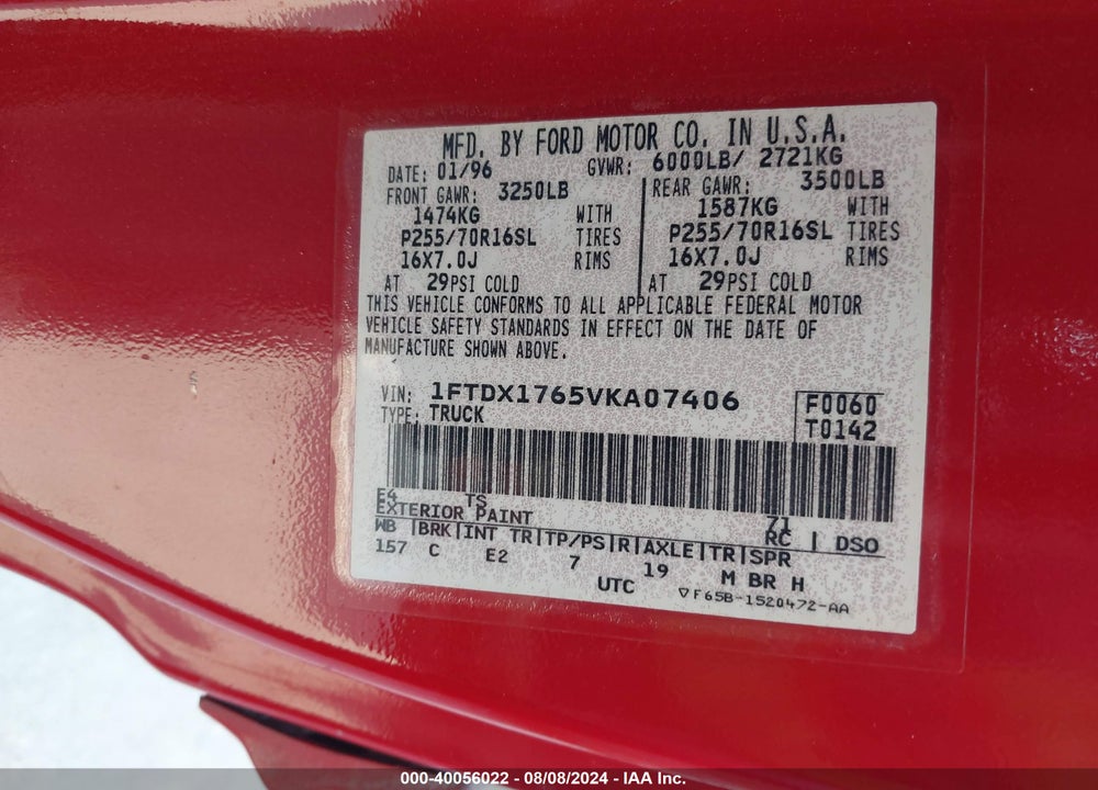 1997 FORD F-150 LARIAT/STANDARD/XL/XLT VIN: 1FTDX1765VKA07406