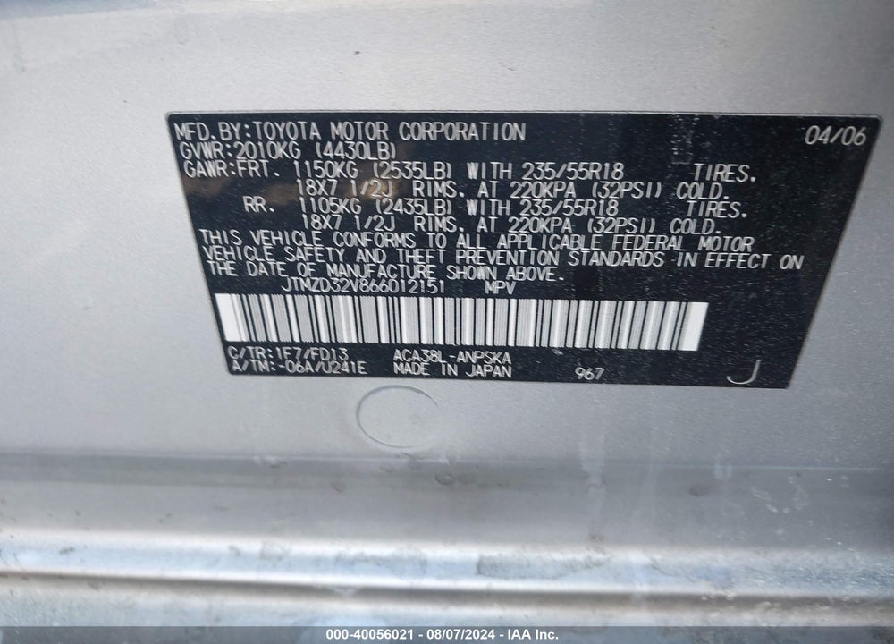 2006 TOYOTA RAV4 SPORT VIN: JTMZD32V866012151