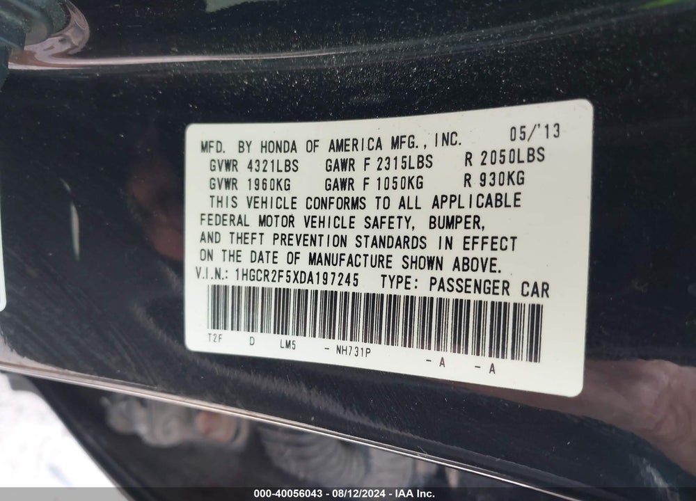 2013 HONDA ACCORD SPORT VIN: 1HGCR2F5XDA197245