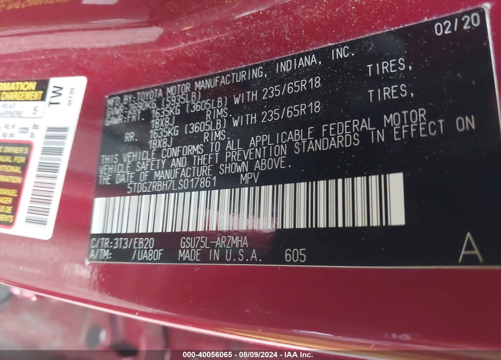 2020 TOYOTA HIGHLANDER XLE VIN: 5TDGZRBH7LS017861