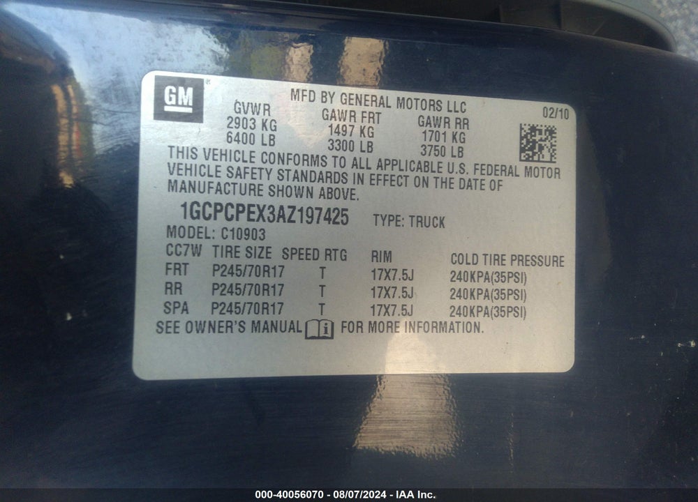 2010 CHEVROLET SILVERADO 1500 WORK TRUCK VIN: 1GCPCPEX3AZ197425