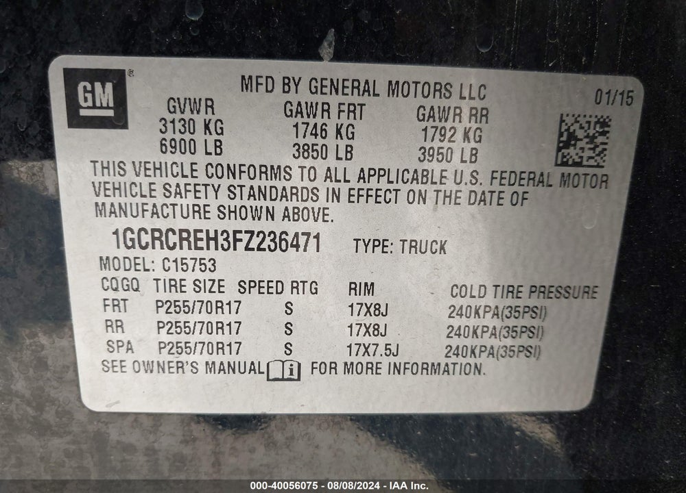 2015 CHEVROLET SILVERADO 1500 1LT VIN: 1GCRCREH3FZ236471