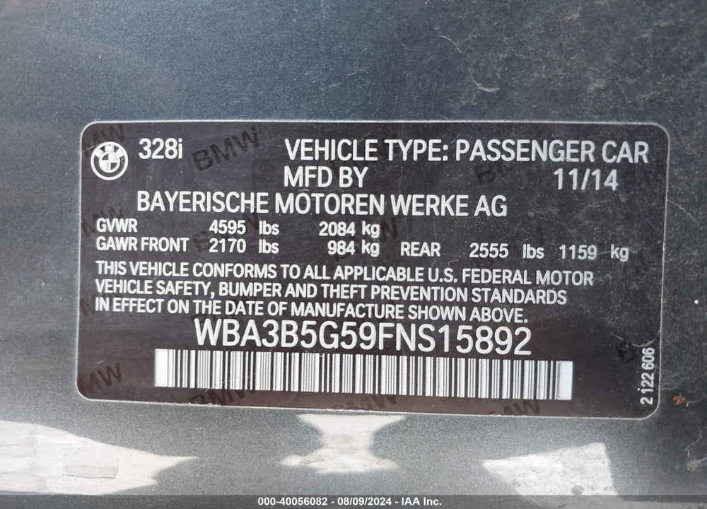 2015 BMW 328I XDRIVE VIN: WBA3B5G59FNS15892