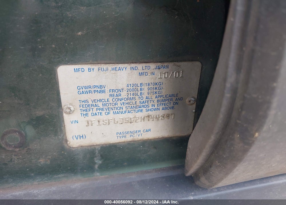 2002 SUBARU FORESTER L VIN: JF1SF63552H744897