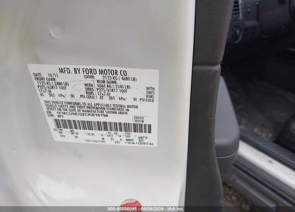 2012 FORD ESCAPE LIMITED VIN: 1FMCU9EG2CKB16798