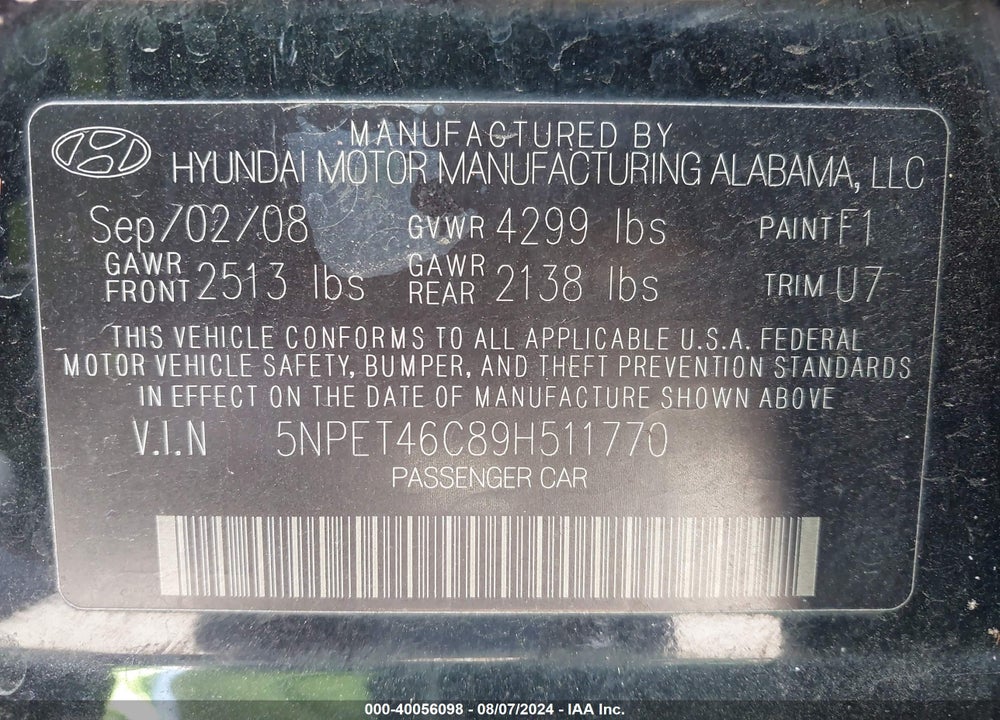 2009 HYUNDAI SONATA GLS VIN: 5NPET46C89H511770