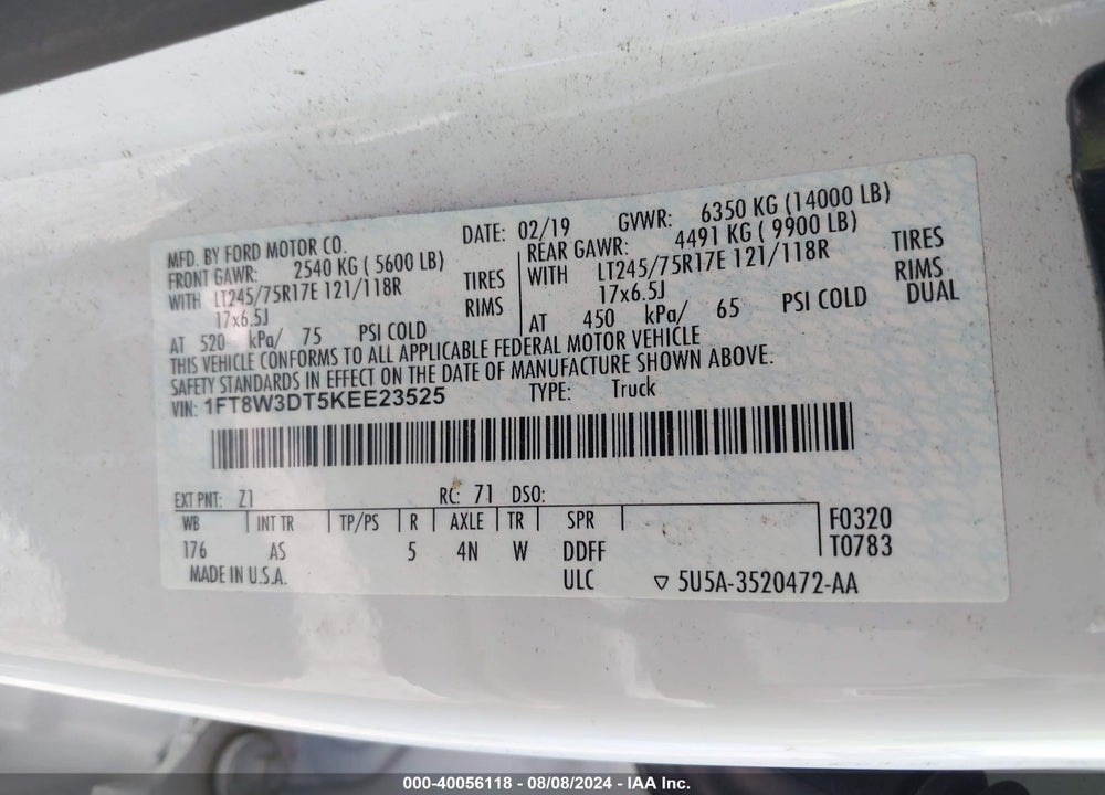 2019 FORD F350 VIN: 1FT8W3DT5KEE23525