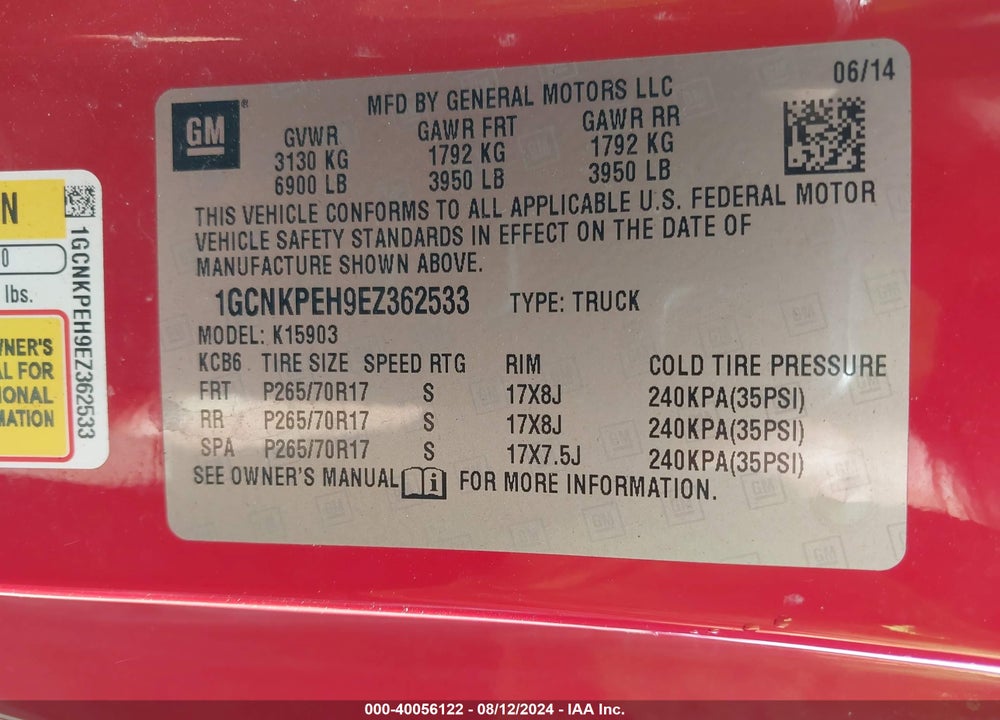 2014 CHEVROLET SILVERADO 1500 WORK TRUCK 1WT/WORK TRUCK 2WT VIN: 1GCNKPEH9EZ362533