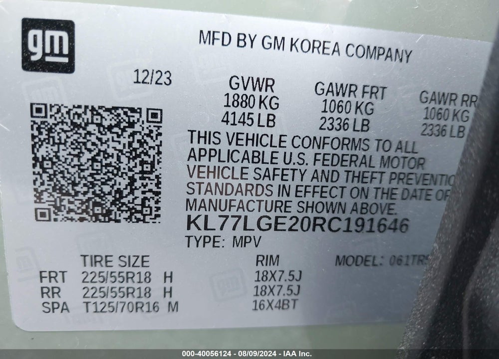 2024 CHEVROLET TRAX FWD 1RS VIN: KL77LGE20RC191646