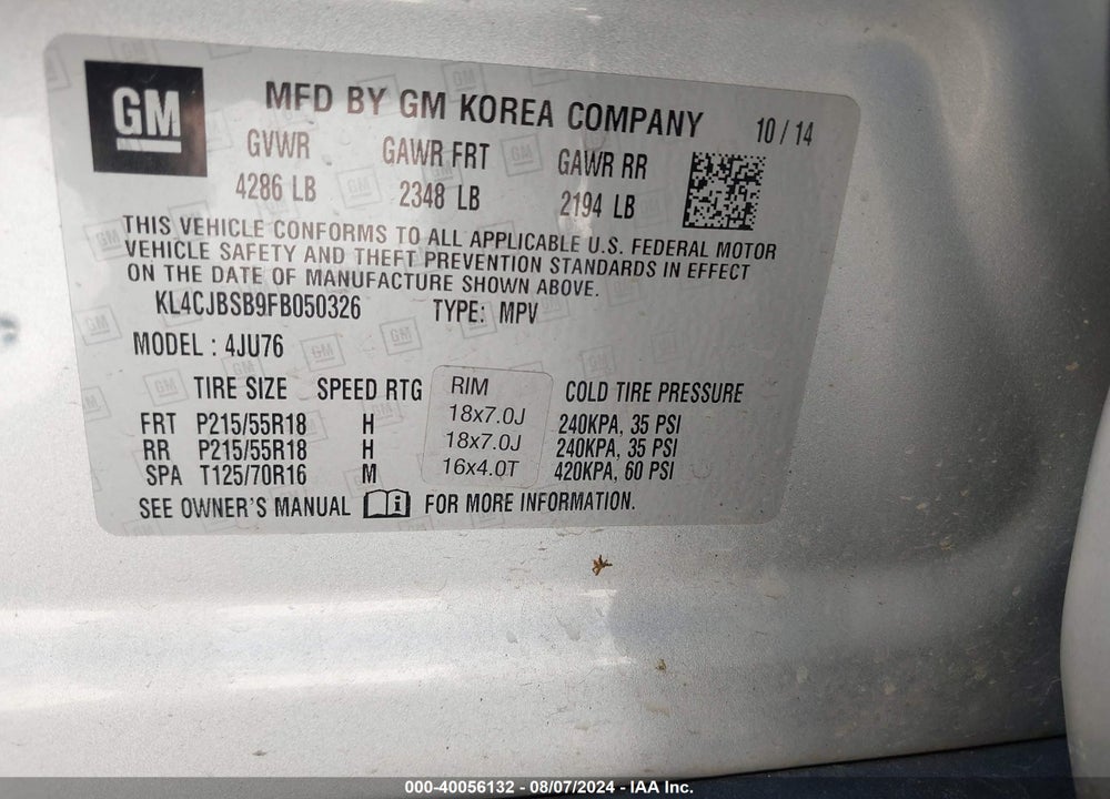 2015 BUICK ENCORE CONVENIENCE VIN: KL4CJBSB9FB050326