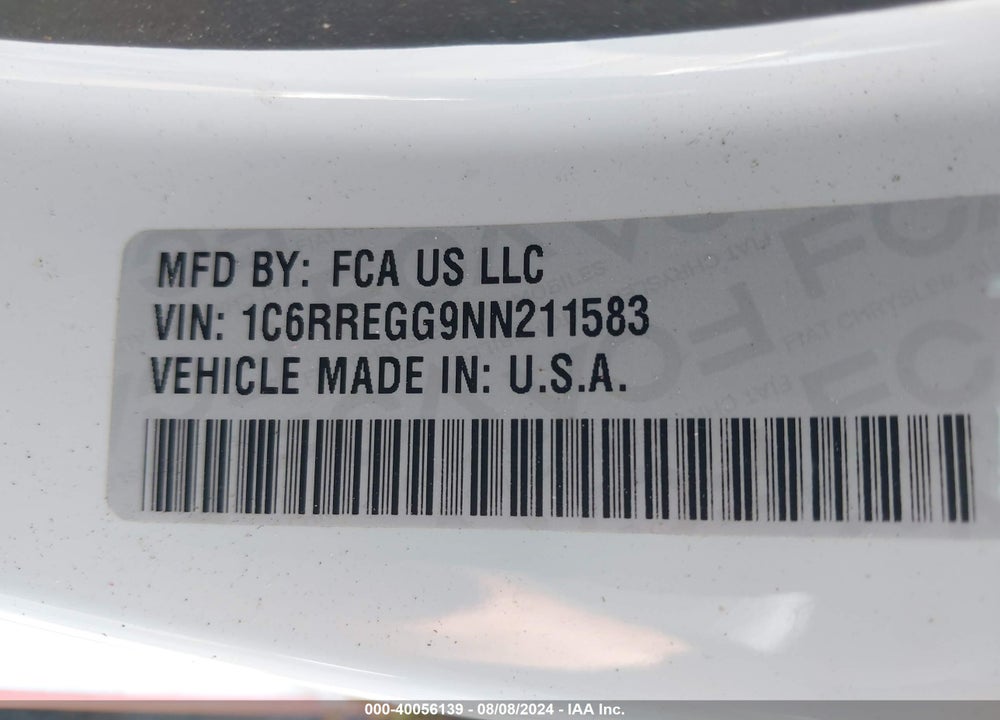 2022 RAM 1500 TRADESMAN 4X2 5'7 BOX VIN: 1C6RREGG9NN211583