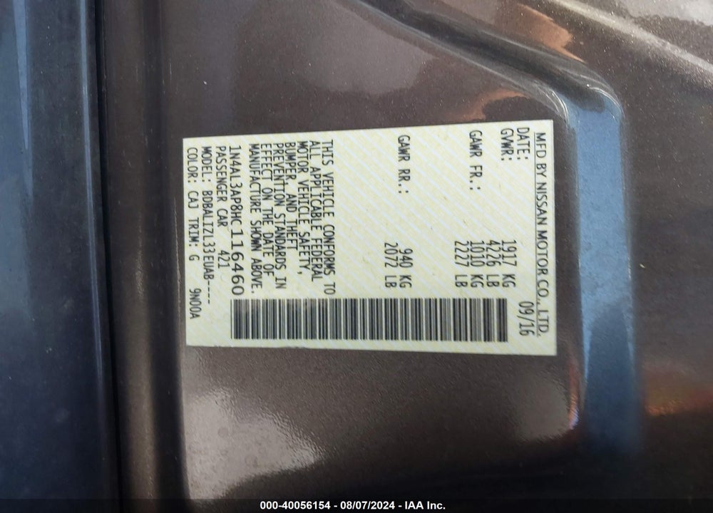 2017 NISSAN ALTIMA 2.5/2.5 S/2.5 SL/2.5 SR/2.5 SV VIN: 1N4AL3AP8HC116460