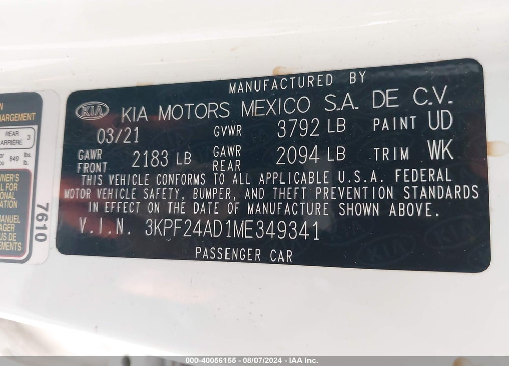 2021 KIA FORTE LXS VIN: 3KPF24AD1ME349341
