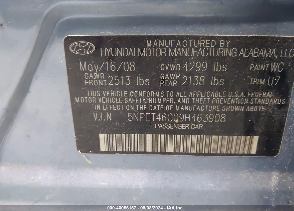 2009 HYUNDAI SONATA VIN: 5NPET46C09H463908