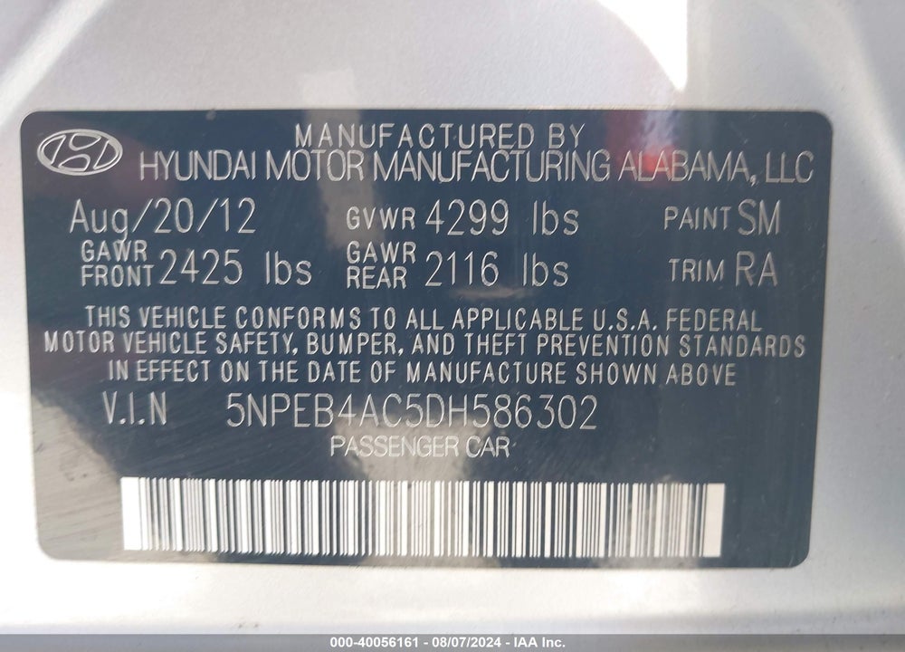 2013 HYUNDAI SONATA GLS/LIMITED/SE VIN: 5NPEB4AC5DH586302