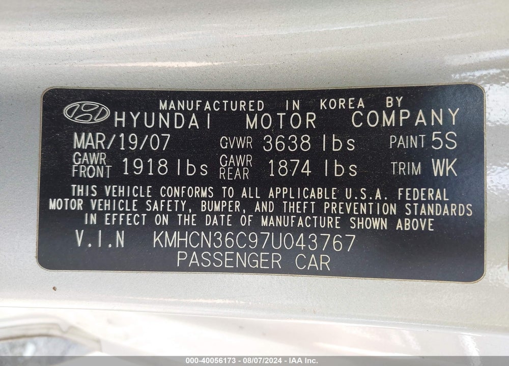 2007 HYUNDAI ACCENT SE VIN: KMHCN36C97U043767
