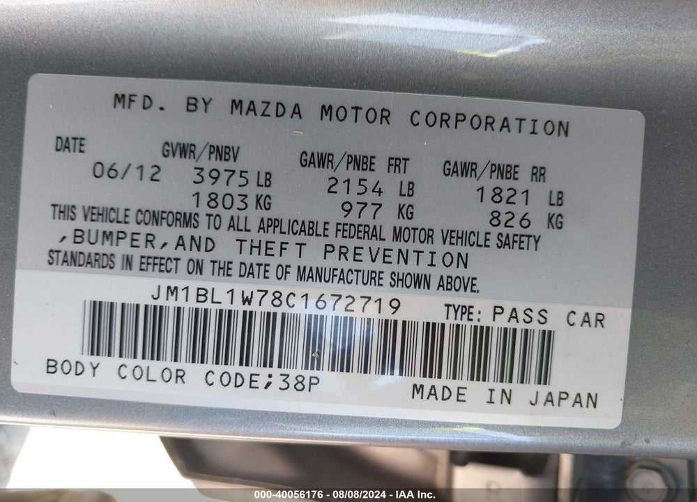2012 MAZDA MAZDA3 VIN: JM1BL1W78C1672719