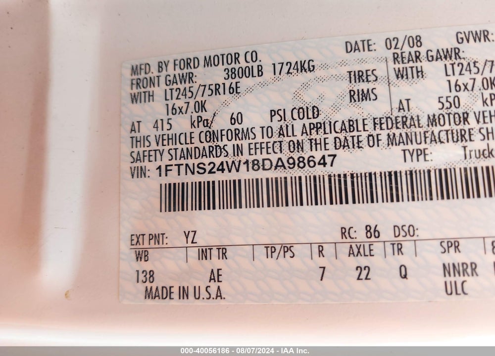 2008 FORD E-250 COMMERCIAL/RECREATIONAL VIN: 1FTNS24W18DA98647