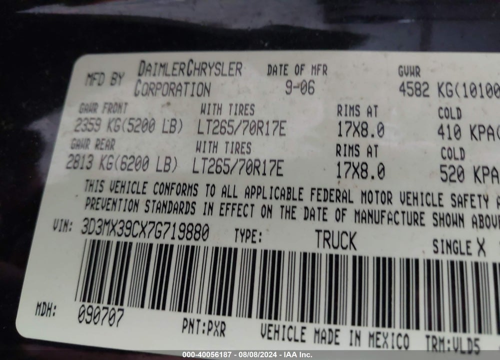 2007 DODGE RAM 3500 LARAMIE/SLT VIN: 3D3MX39CX7G719880