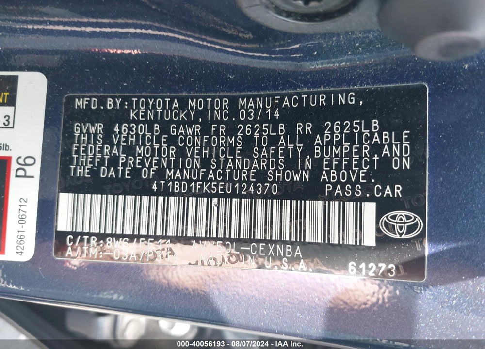 2014 TOYOTA CAMRY HYBRID LE VIN: 4T1BD1FK5EU124370