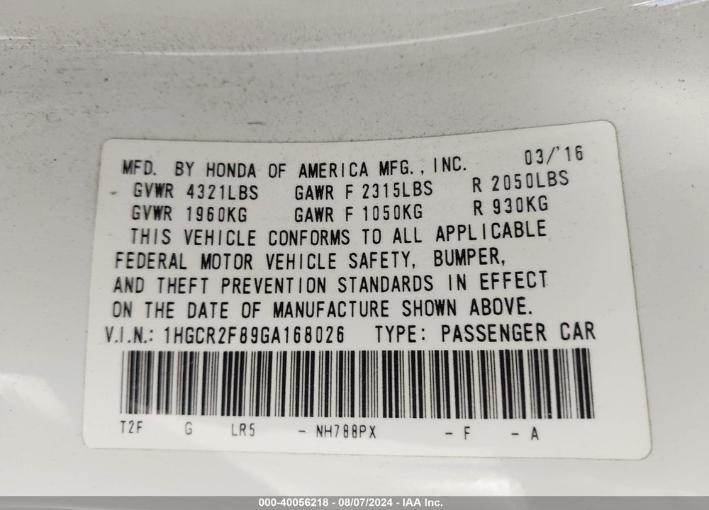 2016 HONDA ACCORD EX-L VIN: 1HGCR2F89GA168026
