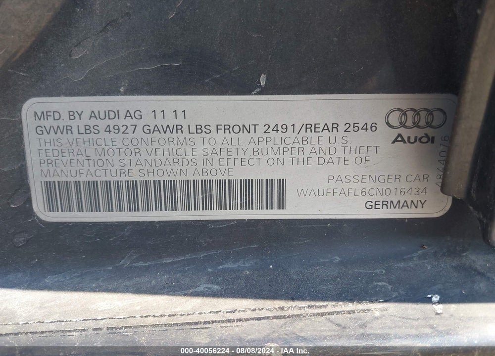 2012 AUDI A4 2.0T PREMIUM VIN: WAUFFAFL6CN016434