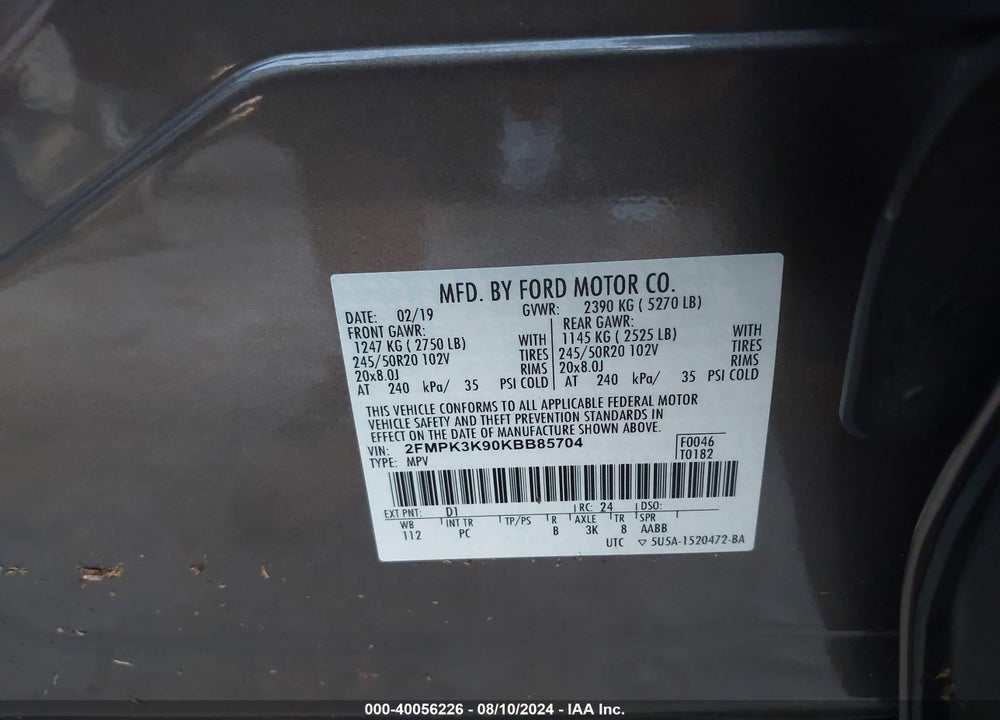 2019 FORD EDGE TITANIUM VIN: 2FMPK3K90KBB85704