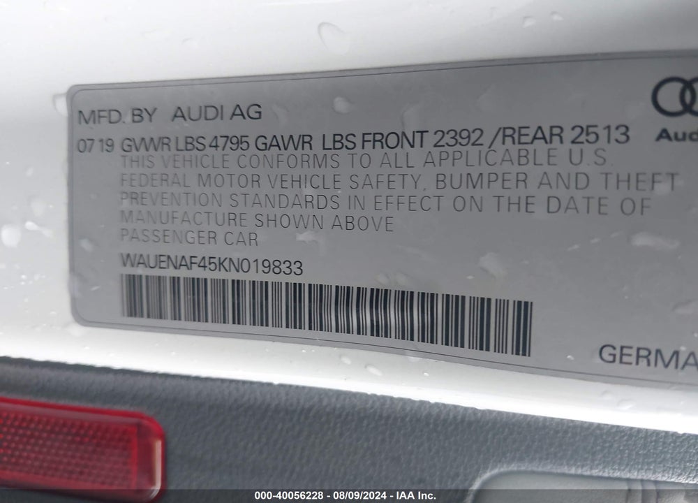 2019 AUDI A4 45 PREMIUM VIN: WAUENAF45KN019833