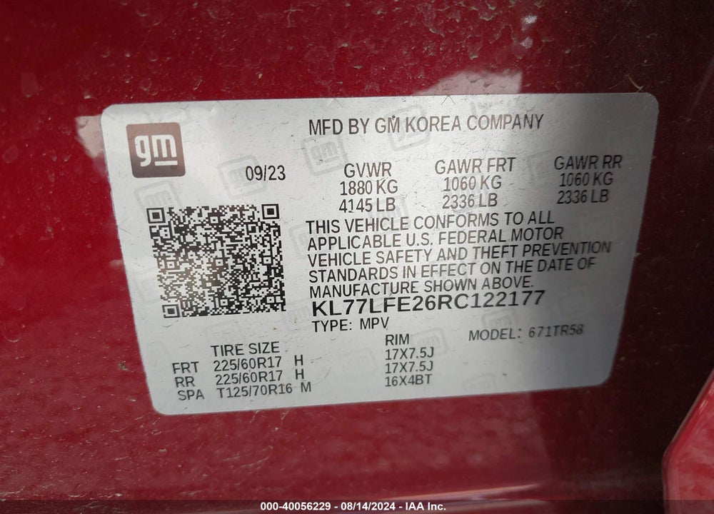 2024 CHEVROLET TRAX FWD SP VIN: KL77LFE26RC122177
