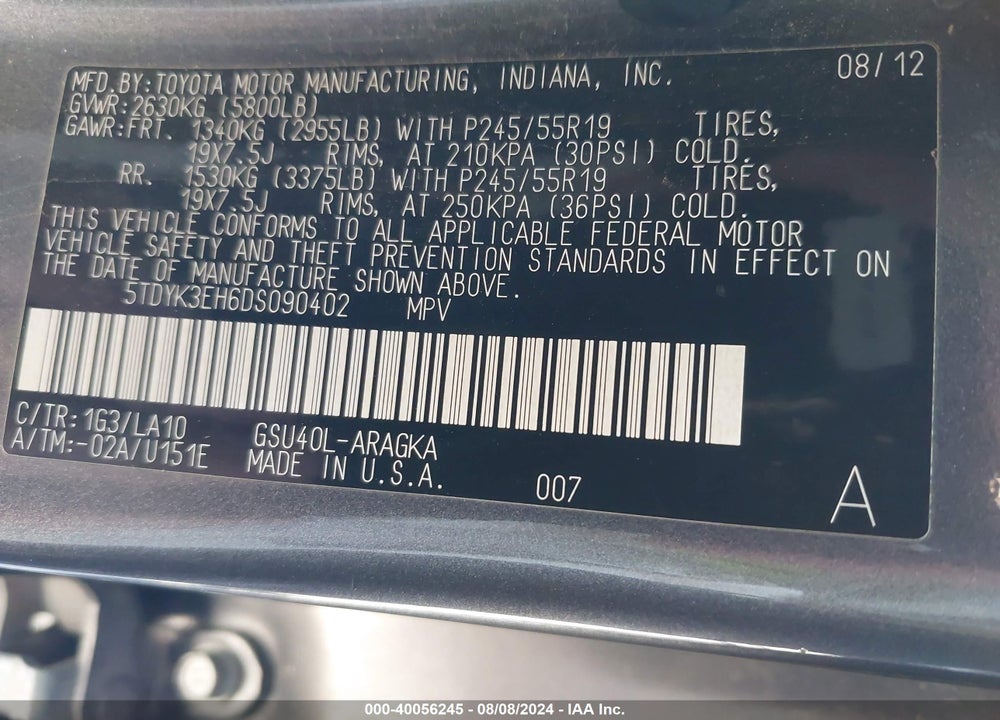 2013 TOYOTA HIGHLANDER LIMITED V6 VIN: 5TDYK3EH6DS090402