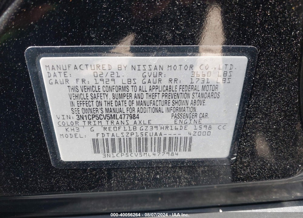 2021 NISSAN KICKS SV XTRONIC CVT VIN: 3N1CP5CV5ML477984