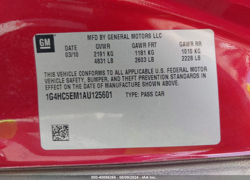 2010 BUICK LUCERNE CXL VIN: 1G4HC5EM1AU125601