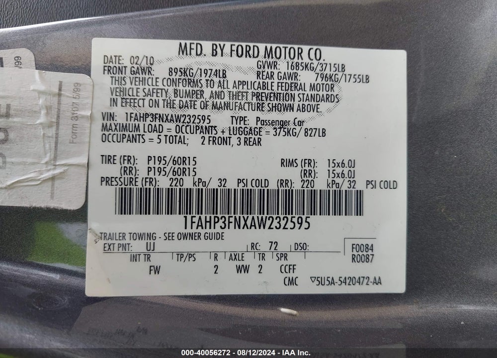 2010 FORD FOCUS SE VIN: 1FAHP3FNXAW232595