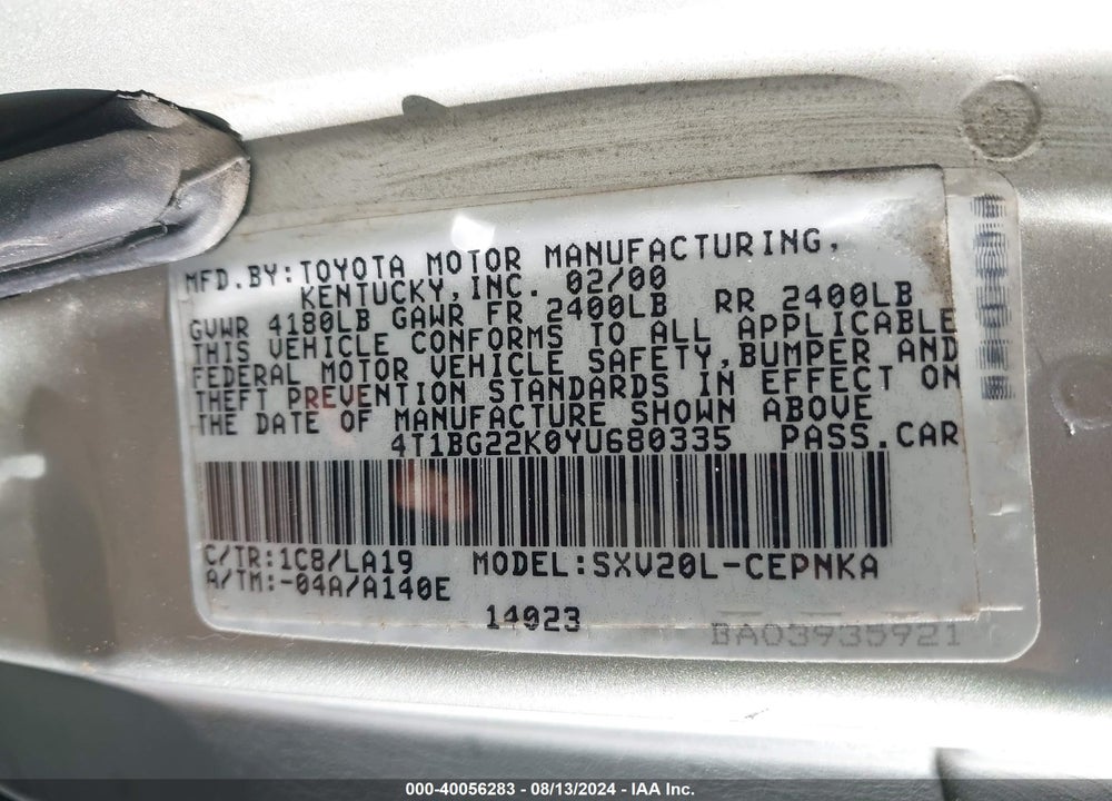 2000 TOYOTA CAMRY LE VIN: 4T1BG22K0YU680335